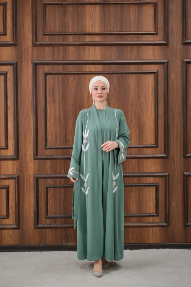 Tasarım Nakış Detaylı Taşlı Abaya - Su Yeşili