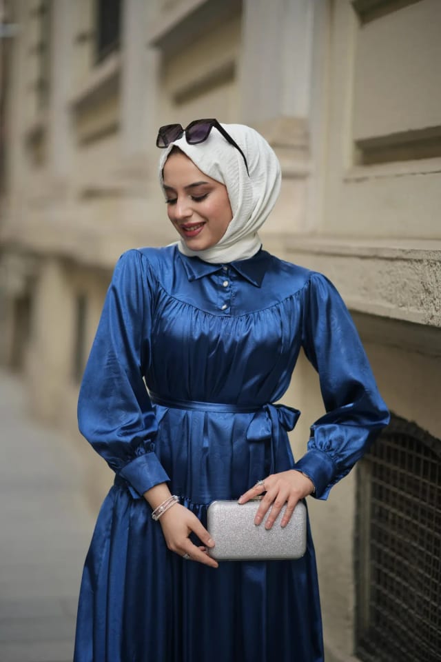 Dora Desenli Saten İpek Elbise İndigo Mavi ELB30