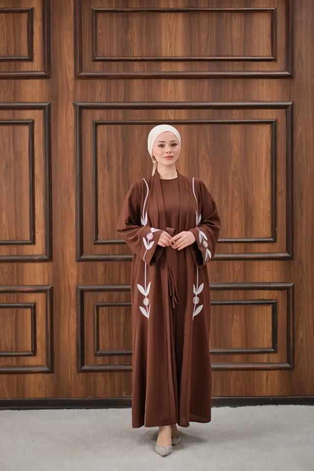 Flora Nakışlı Taş İşlemeli Abaya - Kahverengi